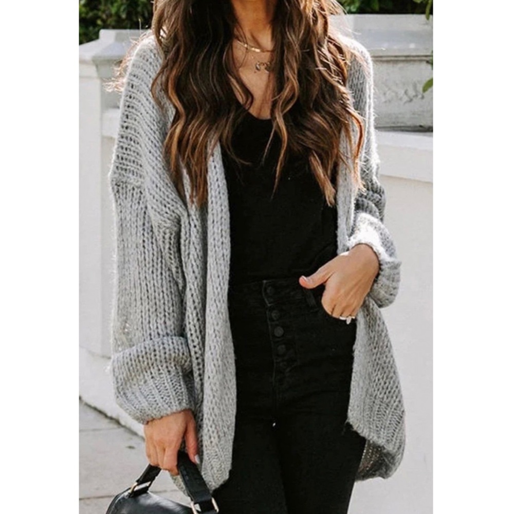 Gray Open Front Cardigan With Graphic Print - Picture 4 of 4